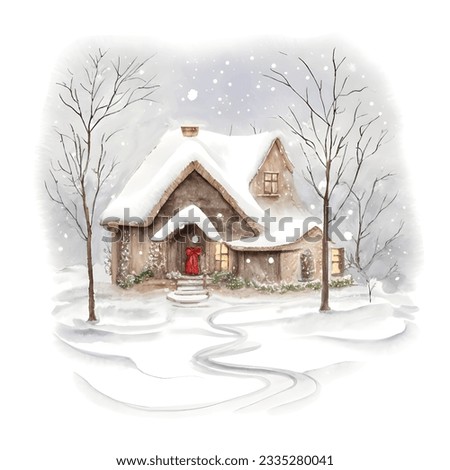 Old house in vintage style under snow Christmas watercolor vector illustration. New Year greeting card with a village house print.