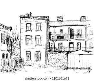 Old house,city courtyard. Hand drawn. Graphics sketch
