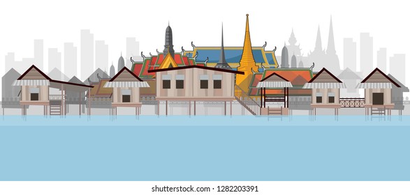 Old houses along the Chao Phraya riverside at Bangkok