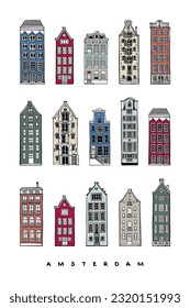 Old houses of Amsterdam. Set of historic buildings. Vintage poster design. Vector illustration. 