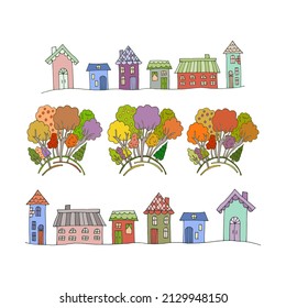 Old houses, autumn cityscape, landscape with yellow, orange and blue houses and trees. Doodle style. Design for print, invitations and greeting cards.