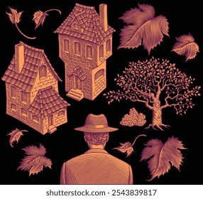 Old houses, autumn leaves, observer. Design set. Editable hand drawn illustration. Vector vintage engraving. Isolated on black background. 8 EPS