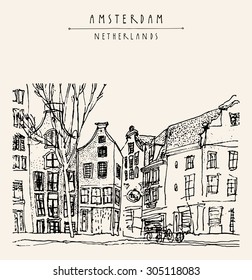 Old houses with bicycles in Amsterdam, Holland, Netherlands, Europe. Historical buildings. Freehand drawing on paper. Vector sketchy grungy travel postcard with "Amsterdam, Netherlands" hand lettering