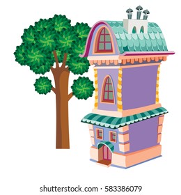 Old houses with cafe, tower, steeple and flowers