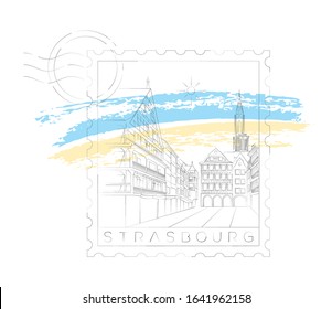 Old houses and Cathedral stamp (Place du Marché aux Cochons de Lait) vector illustration and typography design, Strasbourg, France