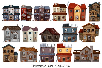 Old Houses In Different Designs Illustration