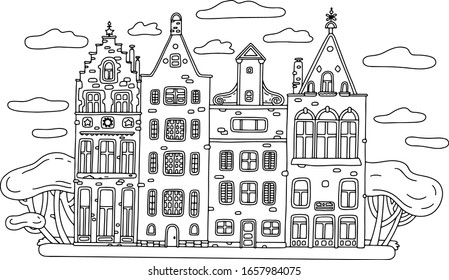 Old houses facades black and white vector illustration.