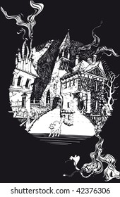 Old houses and funky cat. Vector
