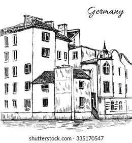 Old houses, Germany, Europe, Vector engraved urban sketch isolated on white background, hand drawn ink illustration, Historical building line art, Travel vintage postcard template with german manson