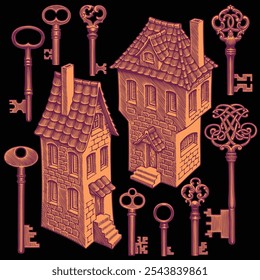 Old houses and keys. Design set. Editable hand drawn illustration. Vector vintage engraving. Isolated on black background. 8 EPS