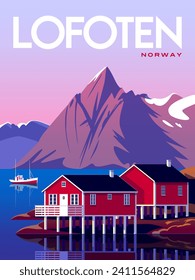 Old houses on the shore of the fjord, Lofoten islands, Norway. Retro style poster. Handmade drawing vector illustration.