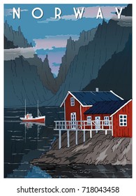 Old houses on the shore of the fjord, Lofoten islands, Norway. Handmade drawing vector illustration. Vintage style.