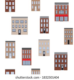 Old houses Seamless Pattern. Vector flat lay repeat background
