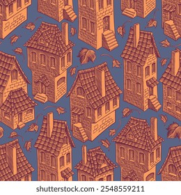 Old houses. Seamless wallpaper pattern.  Background. Editable hand drawn illustration. Vector vintage engraving. 8 EPS