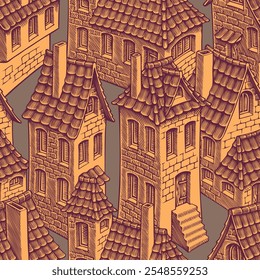 Casas antiguas. Patrón de Fondo de pantalla sin costuras.  Antecedentes. Ilustración dibujada a mano editable. Grabado vintage de Vector. 8 EPS