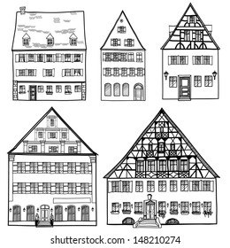 Old houses. Set of hand drawn buildings. Sketch collection