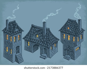 Old houses with smoking chimneys in the evening. Design set. Editable hand drawn illustration. Vector vintage engraving. 8 EPS