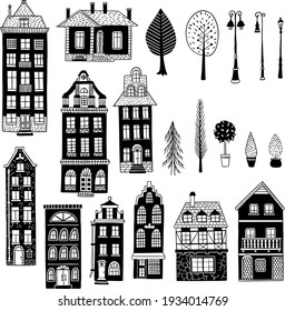 Old houses and trees, lanterns and bushes. Black and white vector illustration.