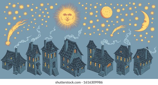 Old houses under the night sky. Design set. Art detailed editable illustration. Vector vintage engraving. Isolated on color background. 8 EPS