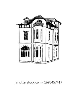 Altes Haus, Villa, Herrenhaus, Landhaus - Vintage-Illustration, Ziegelbau Silhouette handgezeichnet Illustration. Tintenfisch-Stift-Stil. -Symbol für Ihr Design, Drucke, Bildschirmhintergründe. Vorderseite. englischer Stil