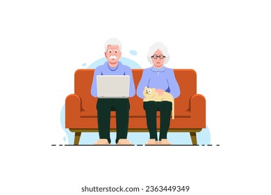 Old human couple relaxing on sofa chair with laptop, cat on isolated background, Vector illustration.