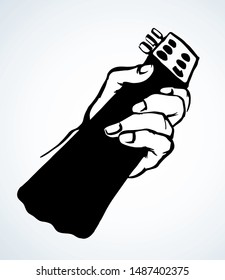 Old human female arm compose band tone on white paper text space. Outline black ink drawn teenage boy ukulele stage relax line logo sign icon design in retro doodle cartoon print style. Close up view