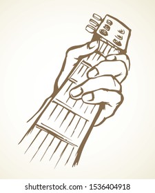 Old human female arm compose band tone on white paper text space. Outline black ink drawn teenage boy ukulele stage relax line logo sign icon design in retro doodle cartoon print style. Close up view