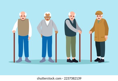 Old humpbacked people with cane . Cartoon characters design . Vector .