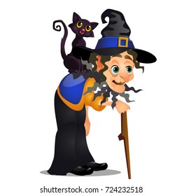 Old hunchbacked witch with walking stick and black cat on her shoulder isolated on white background. Sketch for poster or card for holiday of all evil spirits Halloween. Vector cartoon close-up.