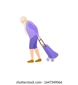 Old hunched man, vector flat illustration. An aged man with a beard slouch of his back and drags the bag on wheels behind him. Elderly male pensioner walks on isolated white background.