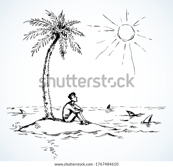 Old hungry sad wait sit white sunny sky text space.\
Outline black hand drawn doom shark strand sos concept logo icon\
sign scene. Retro art doodle line fun comic cartoon style funny\
trip scenic view