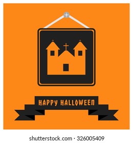 Old Hunted house icon. Black Happy Halloween Ribbon Banner on Orange background. Vector illustration