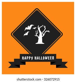 Old hunted tree bats flying icon. Black Happy Halloween Ribbon Banner on Orange background. Vector illustration