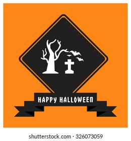 Old hunted tree with bats flying and cross icon. Black Happy Halloween Ribbon Banner on Orange background. Vector illustration