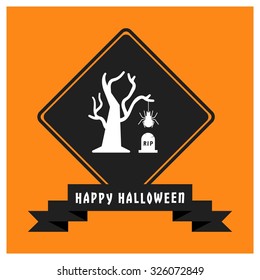Old hunted tree with grave and spider net icon. Black Happy Halloween Ribbon Banner on Orange background. Vector illustration