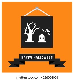 Old hunted tree in grave yard with bats flying icon. Black Happy Halloween Ribbon Banner on Orange background. Vector illustration