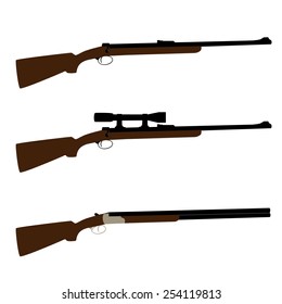 Old Hunting Rifle, Sniper Rifle And Shooting Shotgun Vector Set Isolated, Military Weapon