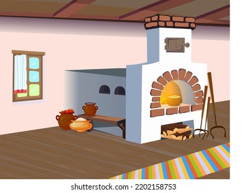 old hut ukrainian russian stove furnace firewood chopped bleached with chalk couch bench fire food in chugenka kasha borscht window