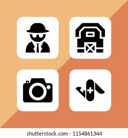 old icon. 4 old set with photo camera, switzerland, spy and barn vector icons for web and mobile app
