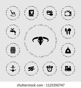 Old icon. collection of 13 old filled icons such as sack, train toy, clock alarm, pin microphone, microphone, anchor, cannon, tv. editable old icons for web and mobile.