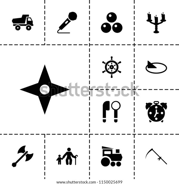 Old icon.\
collection of 13 old filled icons such as toy car, scythe,\
microphone, candlestick, sundial, alarm, axe weapon, canon ball.\
editable old icons for web and\
mobile.