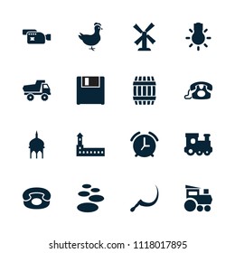 Old icon. collection of 16 old filled icons such as barrel, castle, mosque, mill, train toy, toy car, spa stone, scythe, camera bulb. editable old icons for web and mobile.