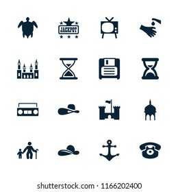 Old icon. collection of 16 old filled icons such as mosque, jackpot, woman hat, tv, hands washing, desk phone, diskette, hourglass. editable old icons for web and mobile.