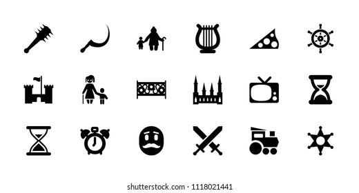 Old icon. collection of 18 old filled icons such as castle, clock alarm, scythe, fence, harp, sheriff, sundial, hourglass, mace, tv. editable old icons for web and mobile.