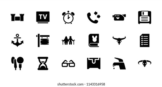 Old icon. collection of 18 old filled icons such as bull skull, call, camera, tv, diskette, microphone, hourglass, alarm, book, chest. editable old icons for web and mobile.