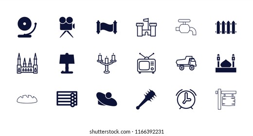 Old icon. collection of 18 old filled and outline icons such as wooden wall, table lamp, mace, manuscript, castle, toy car, tv. editable old icons for web and mobile.