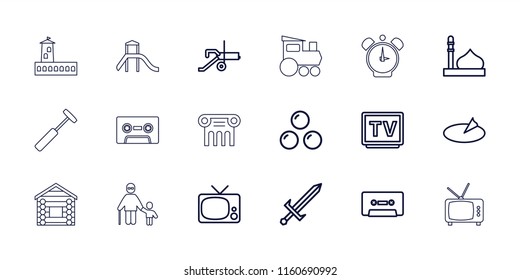 Old icon. collection of 18 old outline icons such as mosque, tv, cassette, sundial, sword, canon ball, cannon, castle, wooden wall. editable old icons for web and mobile.