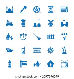 Old icon. collection of 25 old filled icons such as wooden wall, brush, jackpot, hourglass, man in home, camera tape, direction board. editable old icons for web and mobile.