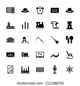 Old icon. collection of 25 old filled icons such as castle, wooden wall, train toy, woman hat, feather and paper, scythe, locomotive. editable old icons for web and mobile.