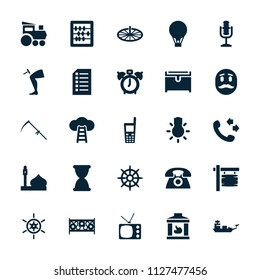 Old icon. collection of 25 old filled icons such as mosque, chest, abacus, call, clock alarm, scythe, fence, helm, microphone. editable old icons for web and mobile.